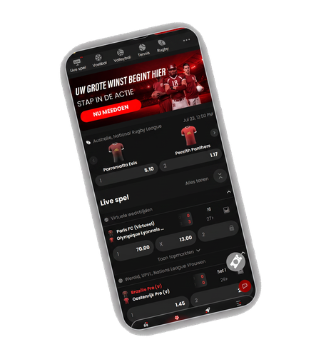 Sportsbook-interface met pre-match en live weddenschapmarkten bij LuckyRollers